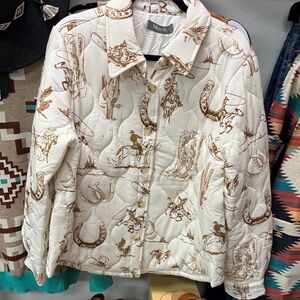 Women's Western Print Quilted Jacket - Cream and Brown